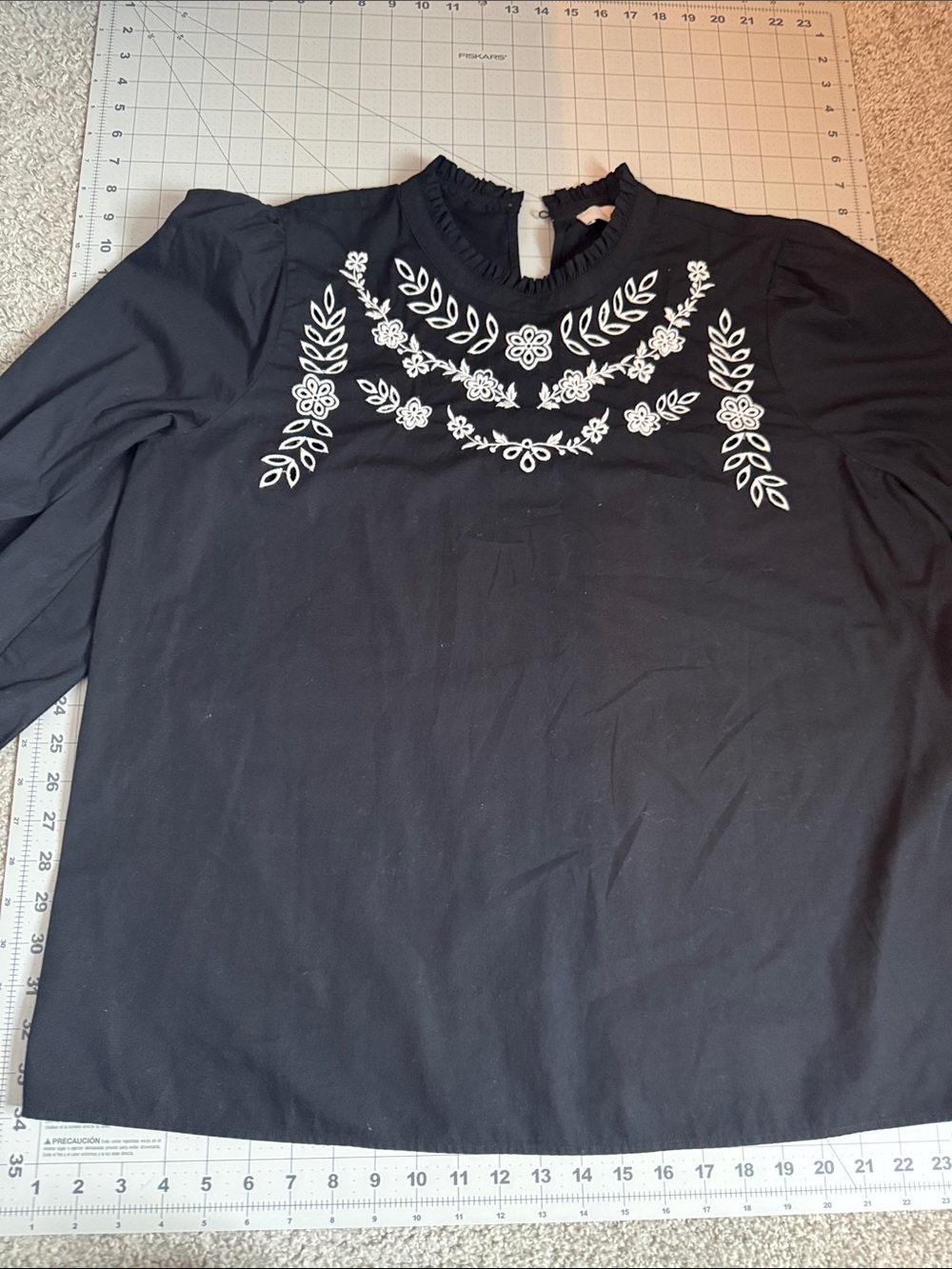 LOFT Black Blouse with White Floral Embroidery Yoke
